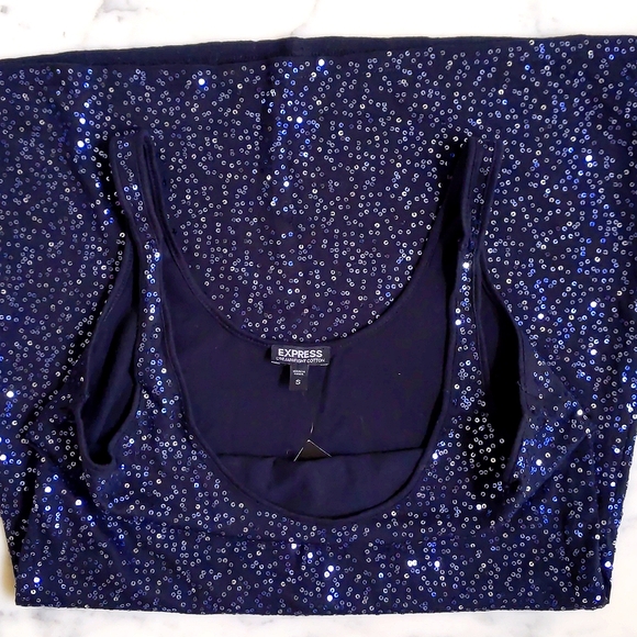 NWT. Express Gorgeous Dark Blue/Black Sparkle Sleeveless Stretch Dress w/Lining. - Picture 8 of 8